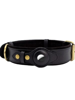 Genuine Leather Supple Dog Collar with Airtag Case - Black