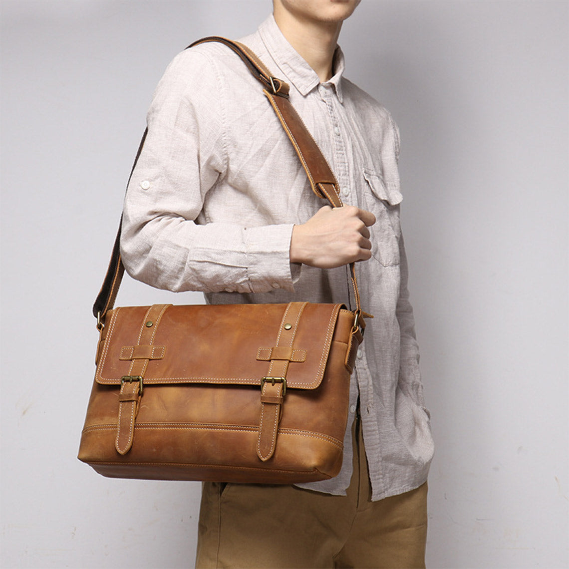 Crazy Horse Leather Men's Messenger Satchel Bag - Image 7
