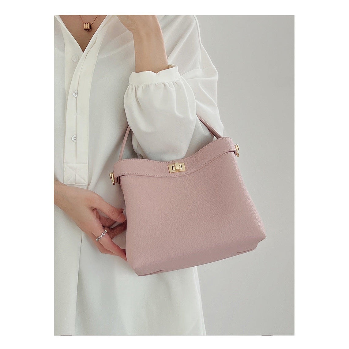 Top Grain Leather Top Handle Small Bucket Bag - Image 8