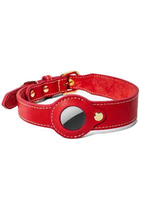 Genuine Leather Dog Collar with Airtag Case - Red